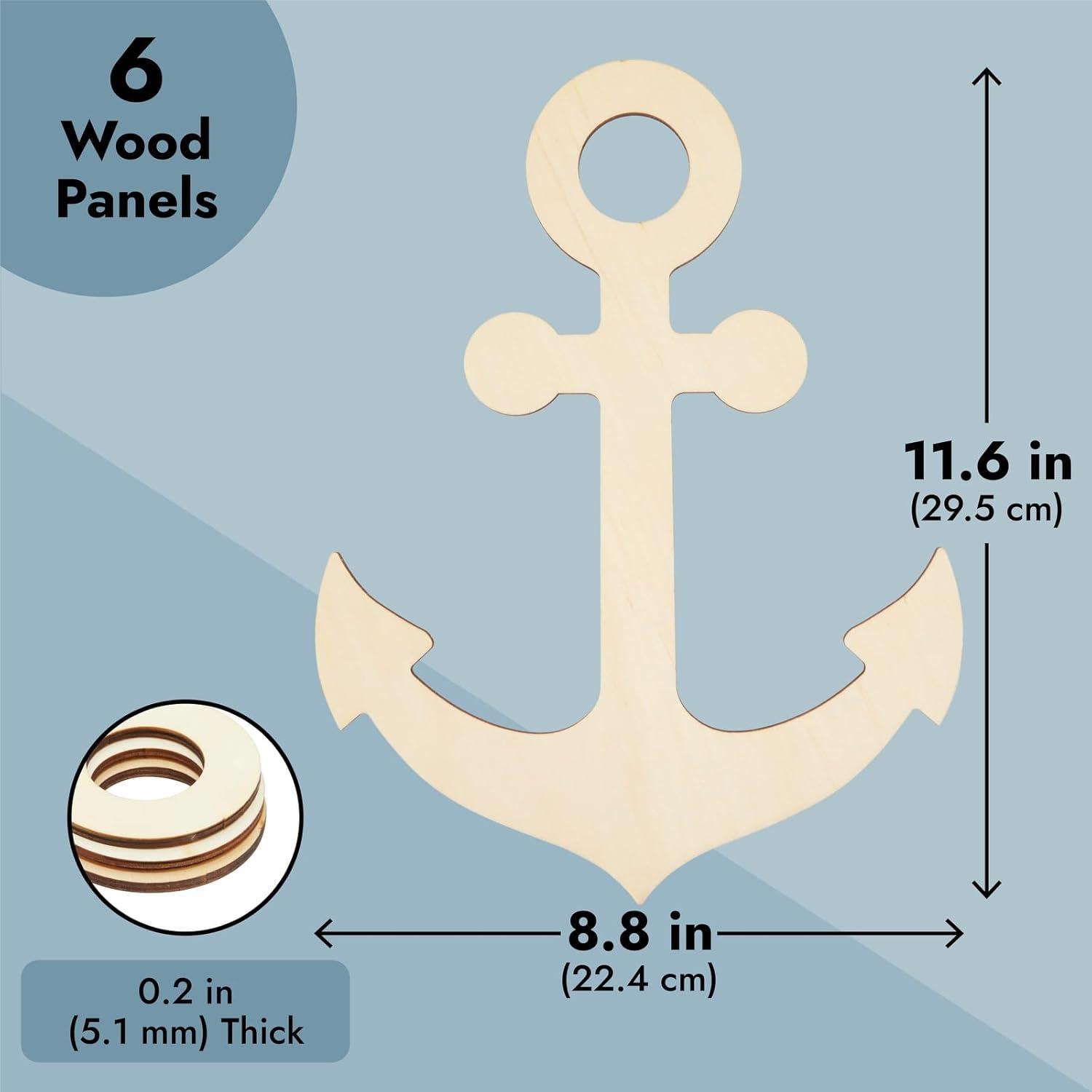 6 Pack Unfinished Wooden Anchors for Crafts, Nautical Wood Cutouts for DIY Projects, Nautical Decor (11.6 x 8.8 In)