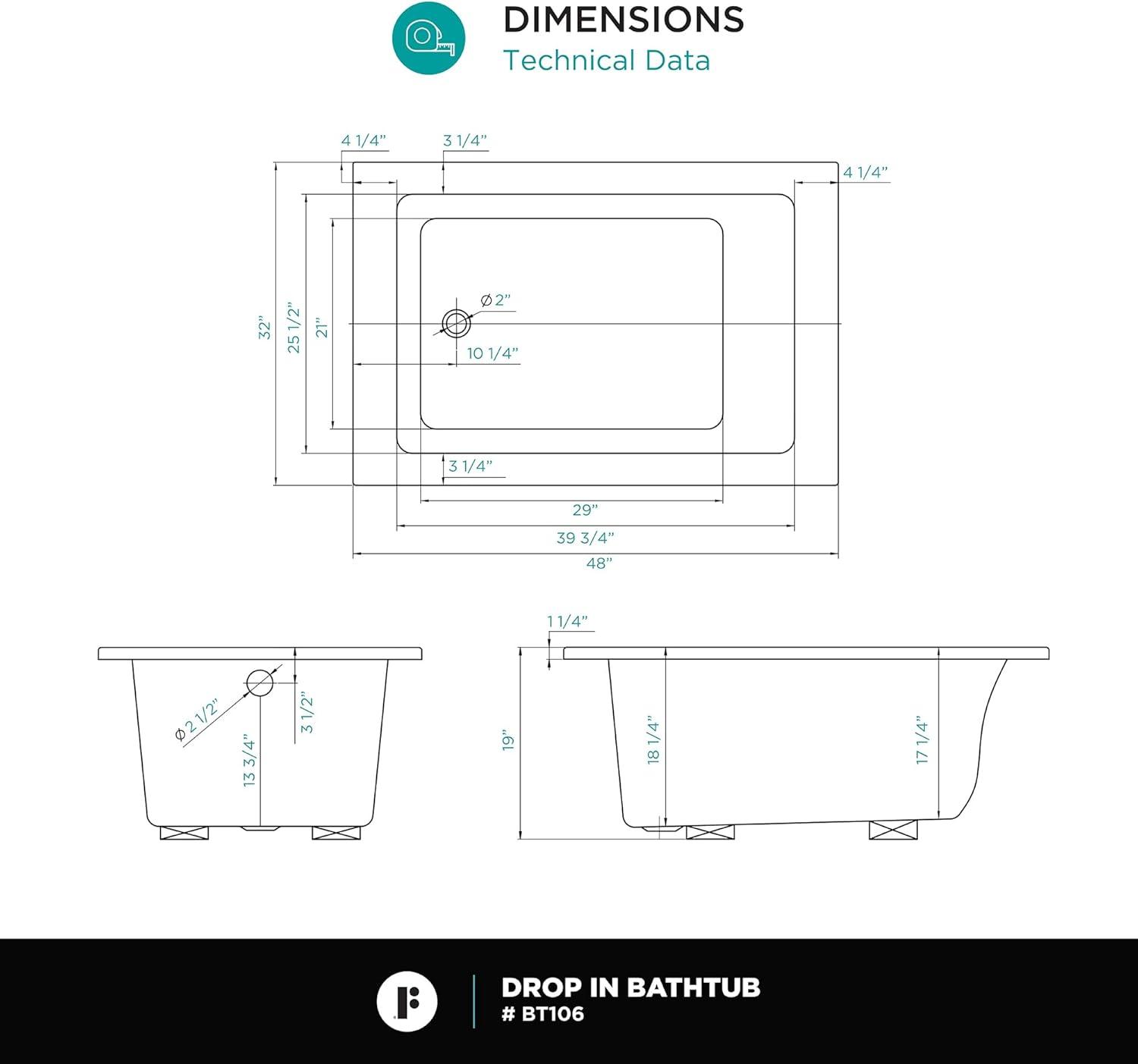 Alcove 66" x 32" Soaking Fiberglass Bathtub