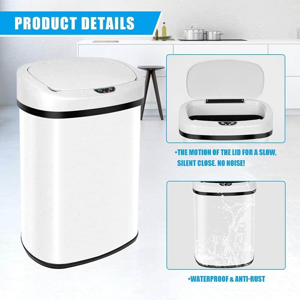 13 Gallon Trash Can Automatic Kitchen Garbage Can with Lid Touchless Sensor Waste Bin Slim No Touch Stainless Steel Trash Can for Home, Living Room, Bedroom, Office （White）