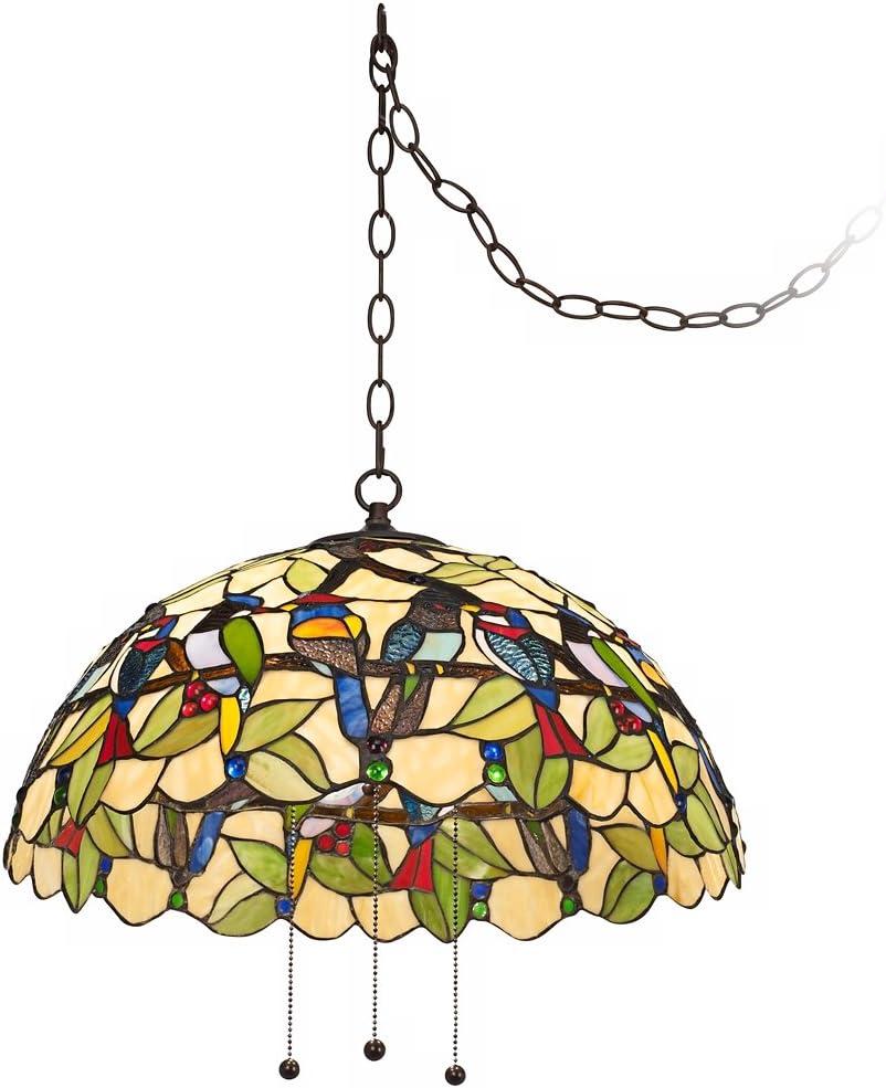 Robert Louis Tiffany Bronze Plug In Swag Pendant Chandelier 20" Wide Mission Garden Birds Stained Glass 3-Light Fixture for Dining Room Kitchen Island