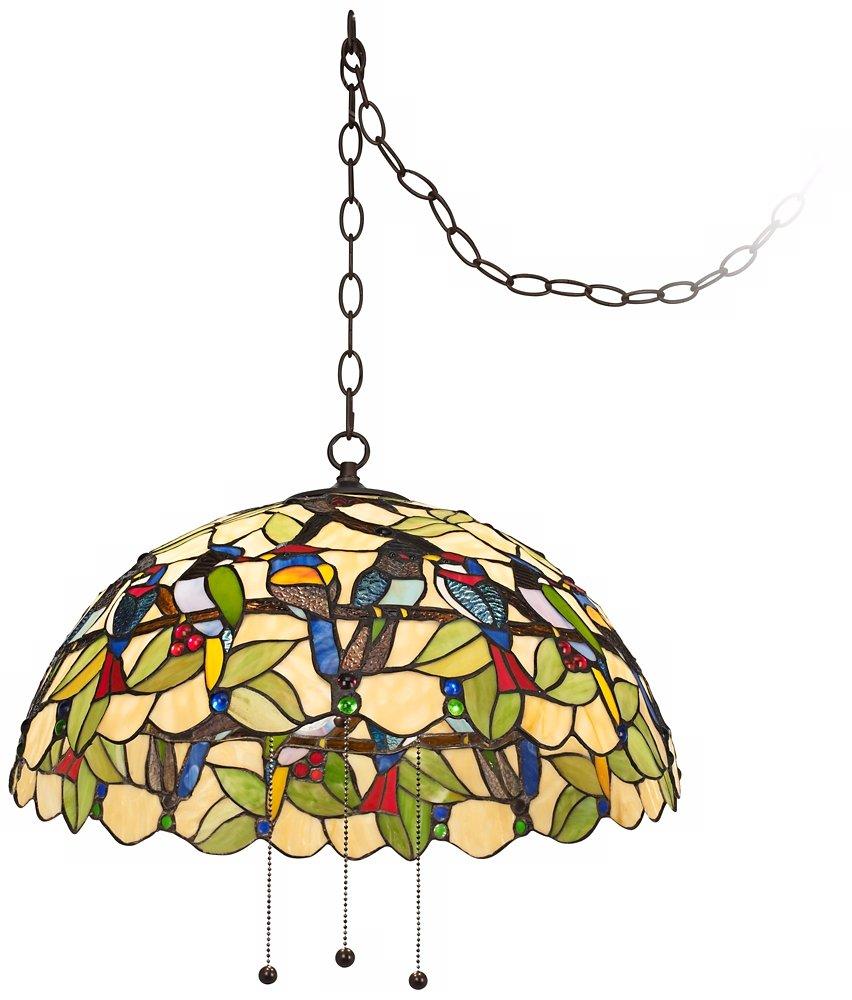 Robert Louis Tiffany Bronze Plug In Swag Pendant Chandelier 20" Wide Mission Garden Birds Stained Glass 3-Light Fixture for Dining Room Kitchen Island