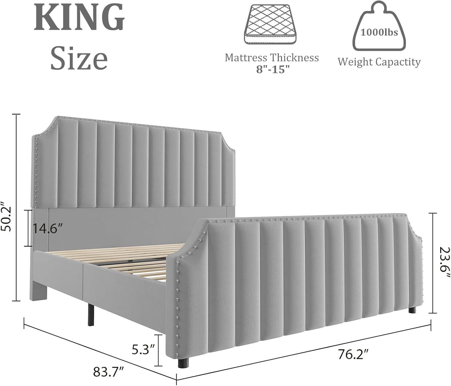 Garvee Queen Velvet Bed Frame, 50.2" Upholstered Headboard, Footboard with Nailhead Trim, No Box Spring Needed, Solid Wood Slats, Noise Free, Beige