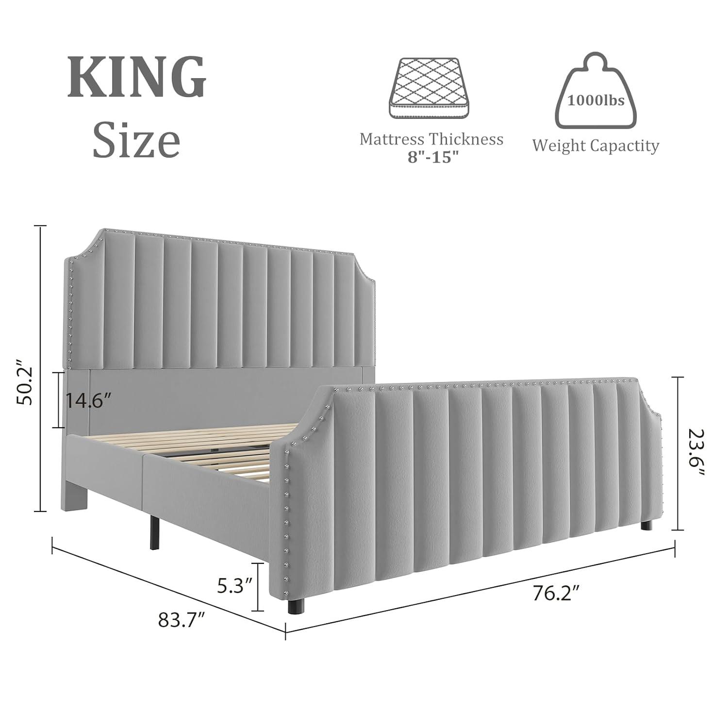 Garvee Queen Velvet Bed Frame, 50.2" Upholstered Headboard, Footboard with Nailhead Trim, No Box Spring Needed, Solid Wood Slats, Noise Free, Beige