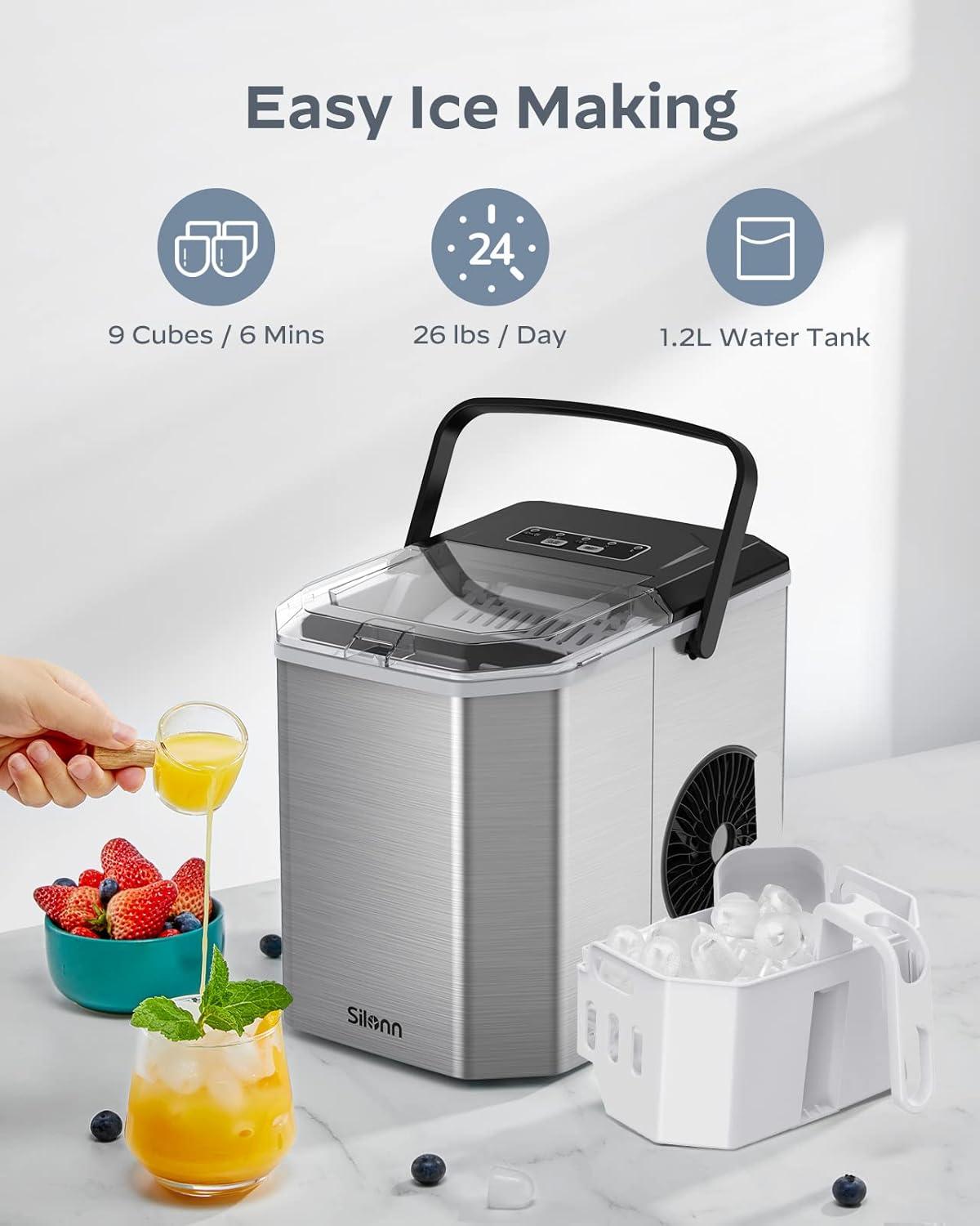 Silonn Ice Maker Countertop, Portable Ice Machine with Carry Handle, Self-Cleaning Ice Makers with Basket and Scoop, 9 Cubes in 6 Mins, 26 lbs per Day, Ideal for Home, Kitchen, Camping, RV