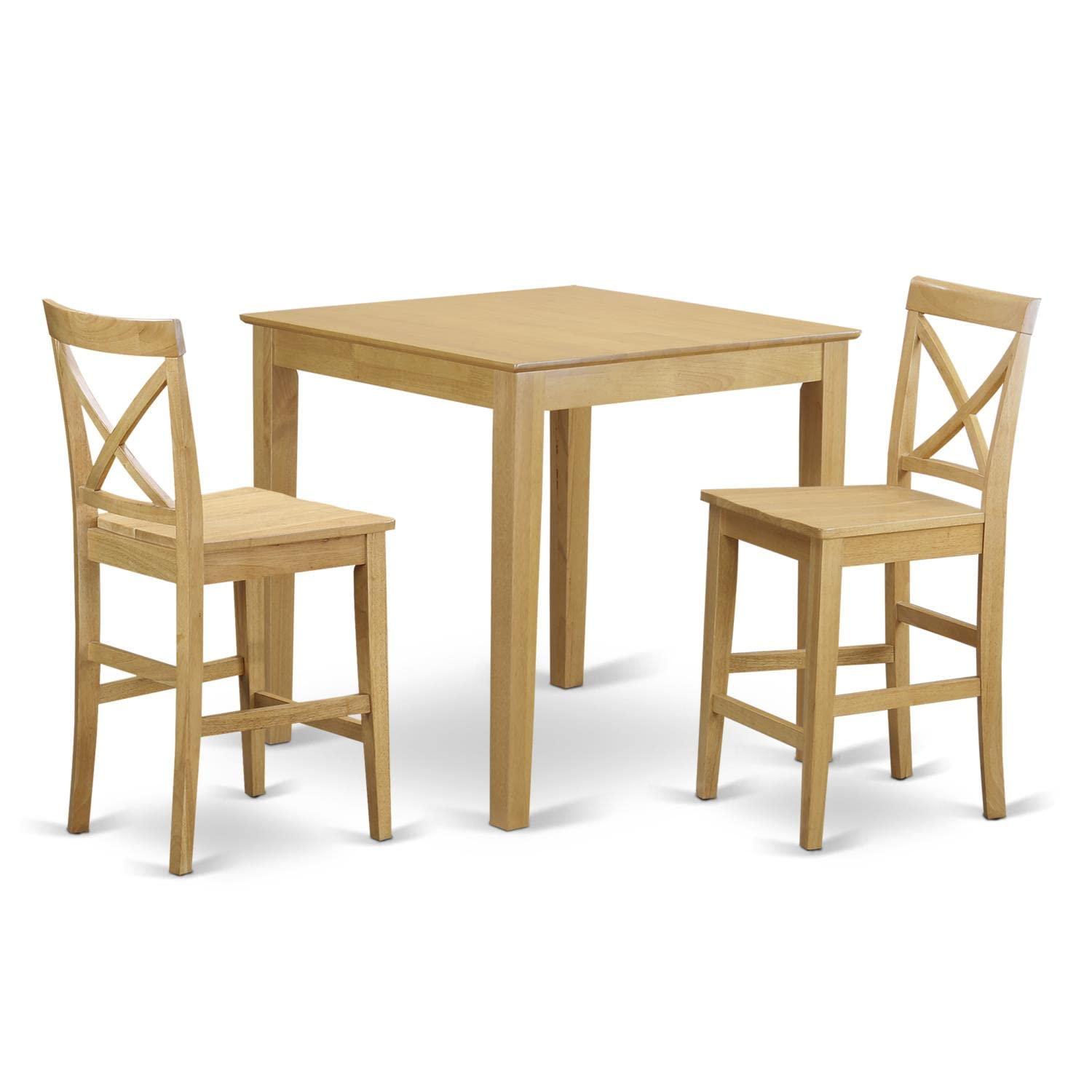 Oak Finish Square Pub Table with 2 Wooden Chairs