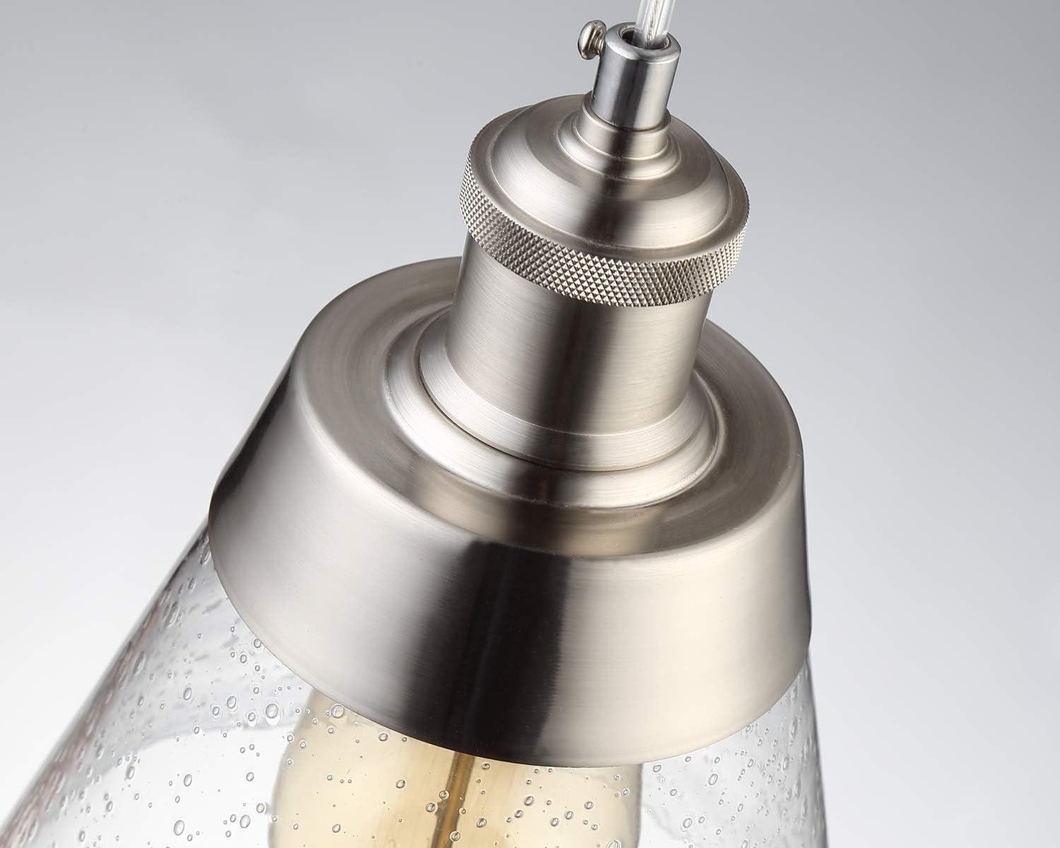 Modern Glass Pendant Light with Handblown Clear Seeded Glass Shade, One-Light Adjustable Industrial Mini Pendant Lighting Fixture for Kitchen Island Cafe Bar, Brushed Nickel