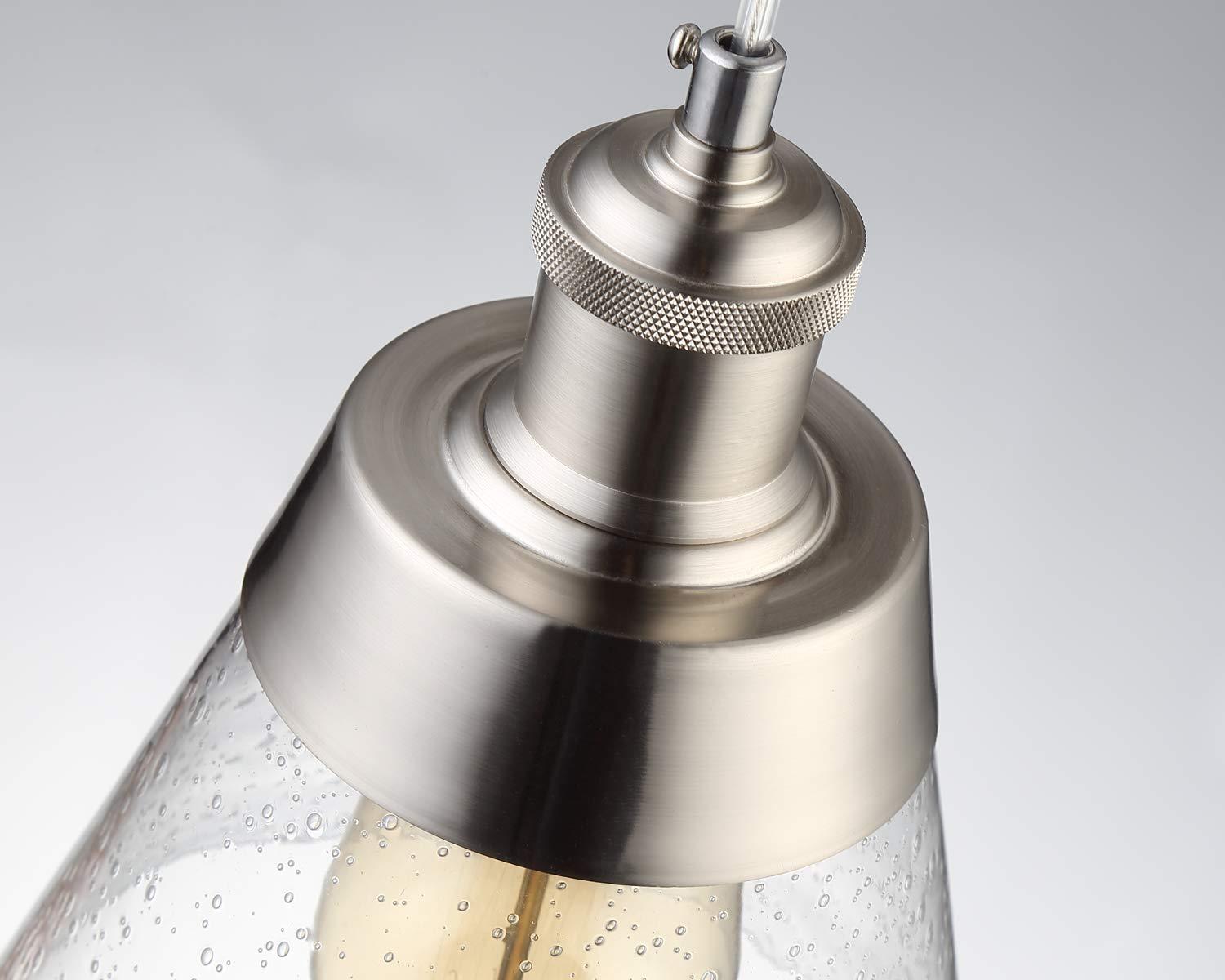 Modern Glass Pendant Light with Handblown Clear Seeded Glass Shade, One-Light Adjustable Industrial Mini Pendant Lighting Fixture for Kitchen Island Cafe Bar, Brushed Nickel