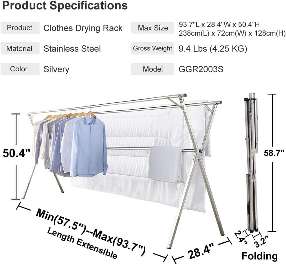 Clothes Drying Rack for Laundry Foldable,Stainless Steel Laundry Drying Rack for Indoor Outdoor,Foldable Easy Storage Clothes Rack for Drying, Garment Rack Space Saving, 63 Inches