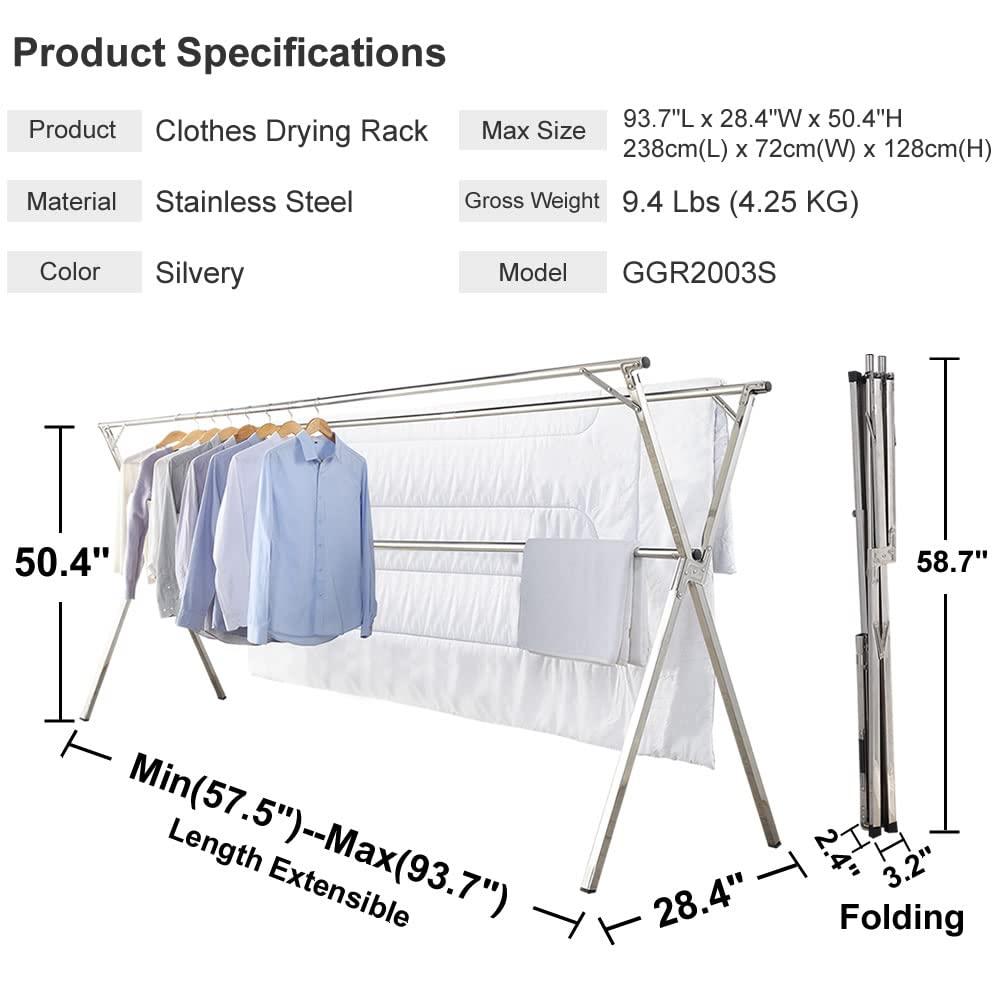Clothes Drying Rack for Laundry Foldable,Stainless Steel Laundry Drying Rack for Indoor Outdoor,Foldable Easy Storage Clothes Rack for Drying, Garment Rack Space Saving, 63 Inches
