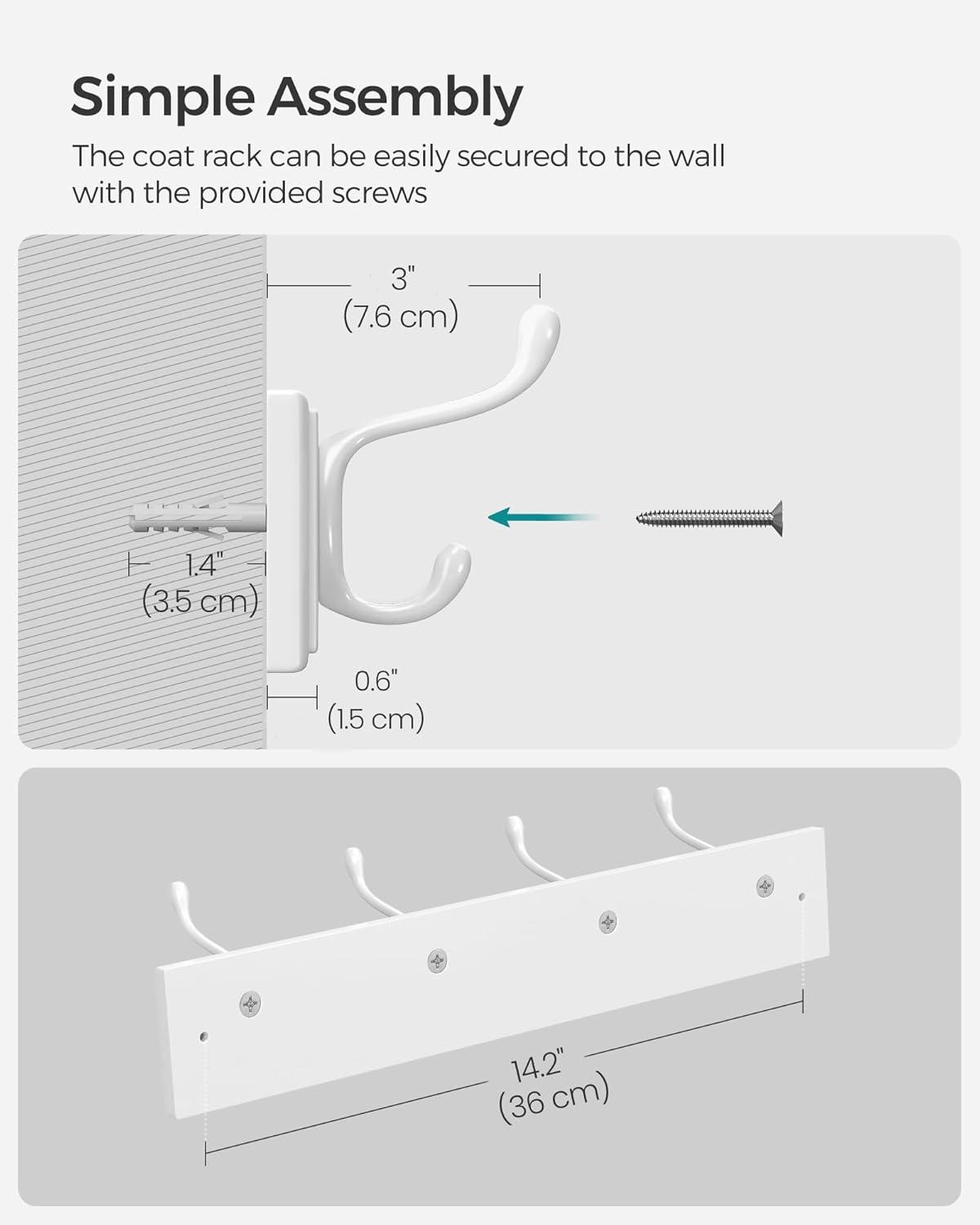 SONGMICS Wooden Wall-Mount Coat Rack with 4 Metal Hooks, White