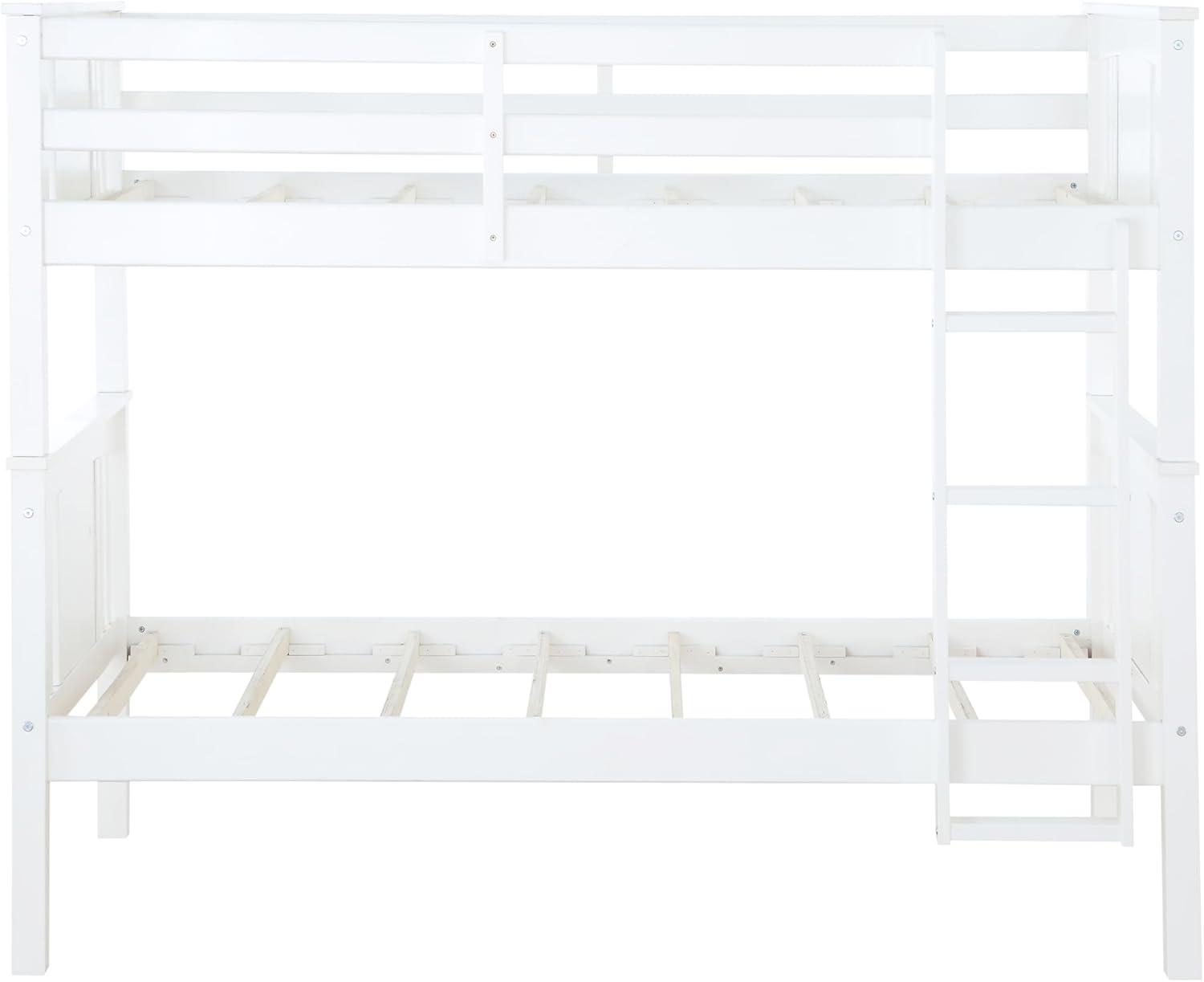 White Twin Over Twin Wood Bunk Bed with Ladder and Guardrail