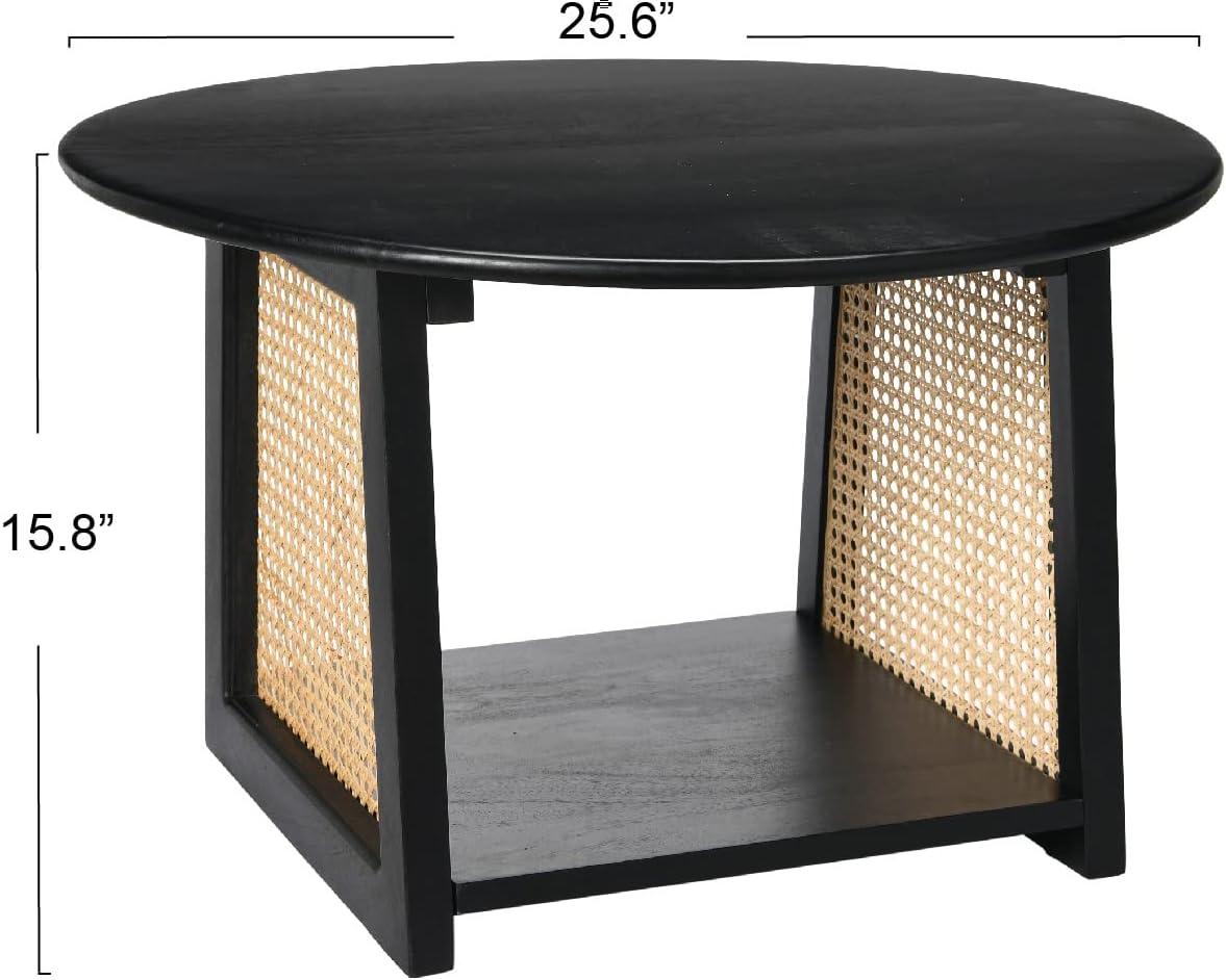 Storied Home Mango Wood and Cane Coffee Table with Shelf Black: Round, Modern, 25.75" Diameter