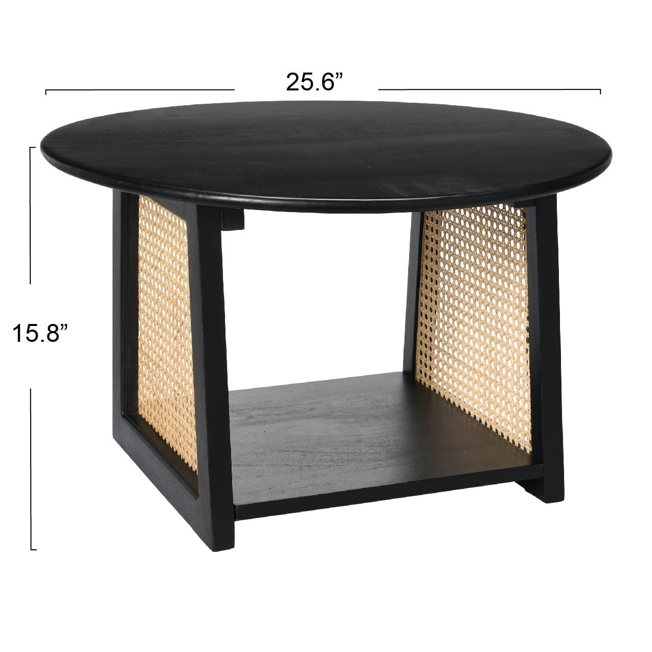 Storied Home Mango Wood and Cane Coffee Table with Shelf Black: Round, Modern, 25.75" Diameter