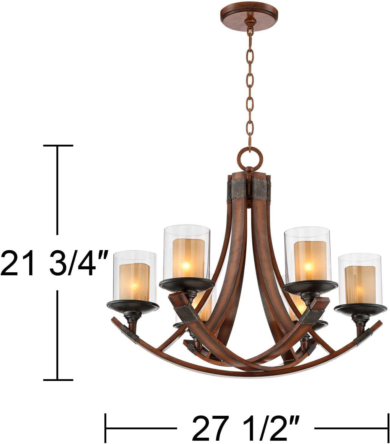 Franklin Iron Works Mahogany Wood Finish Chandelier 27 1/2" Wide Rustic Curving Clear Outer Scavo Inner Glass 6-Light Fixture Dining Room