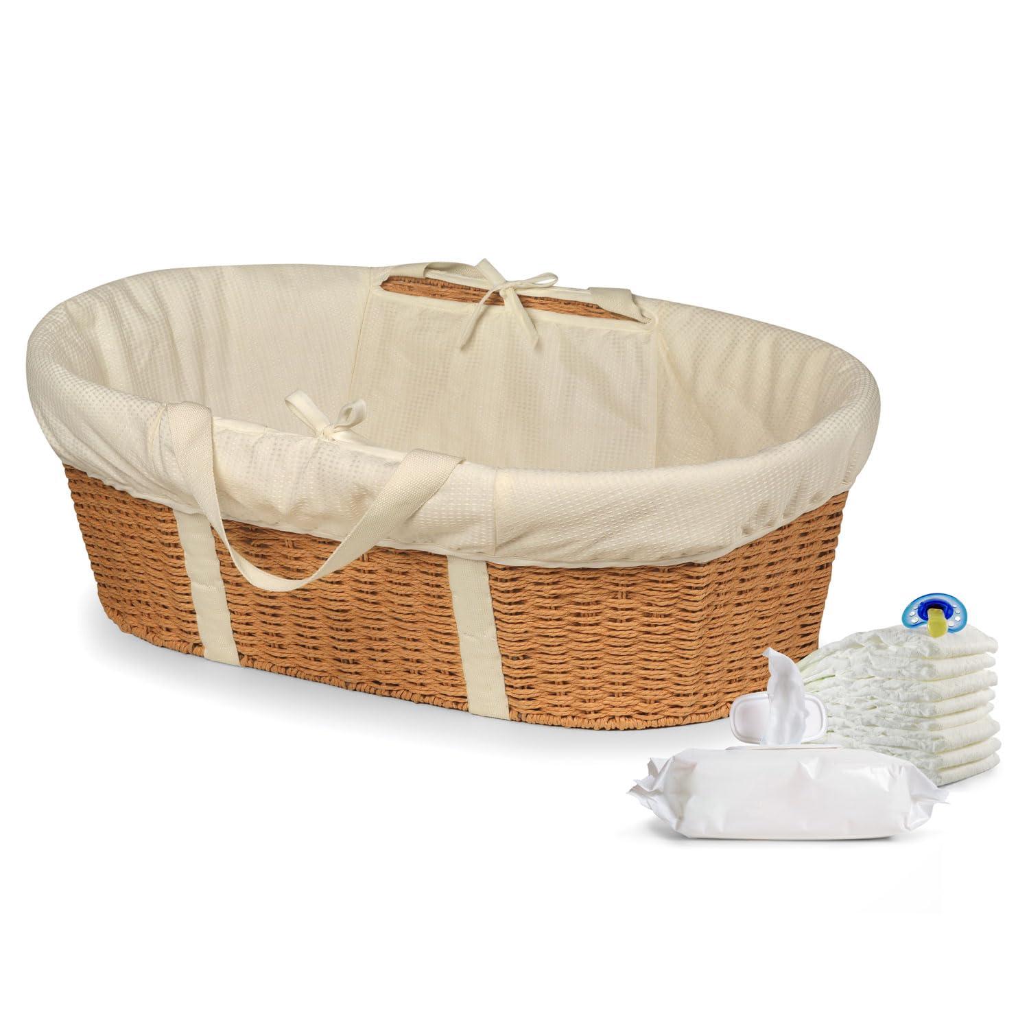 Elegant Natural Ecru Woven Moses Basket with Comfort Liner and Foam Pad