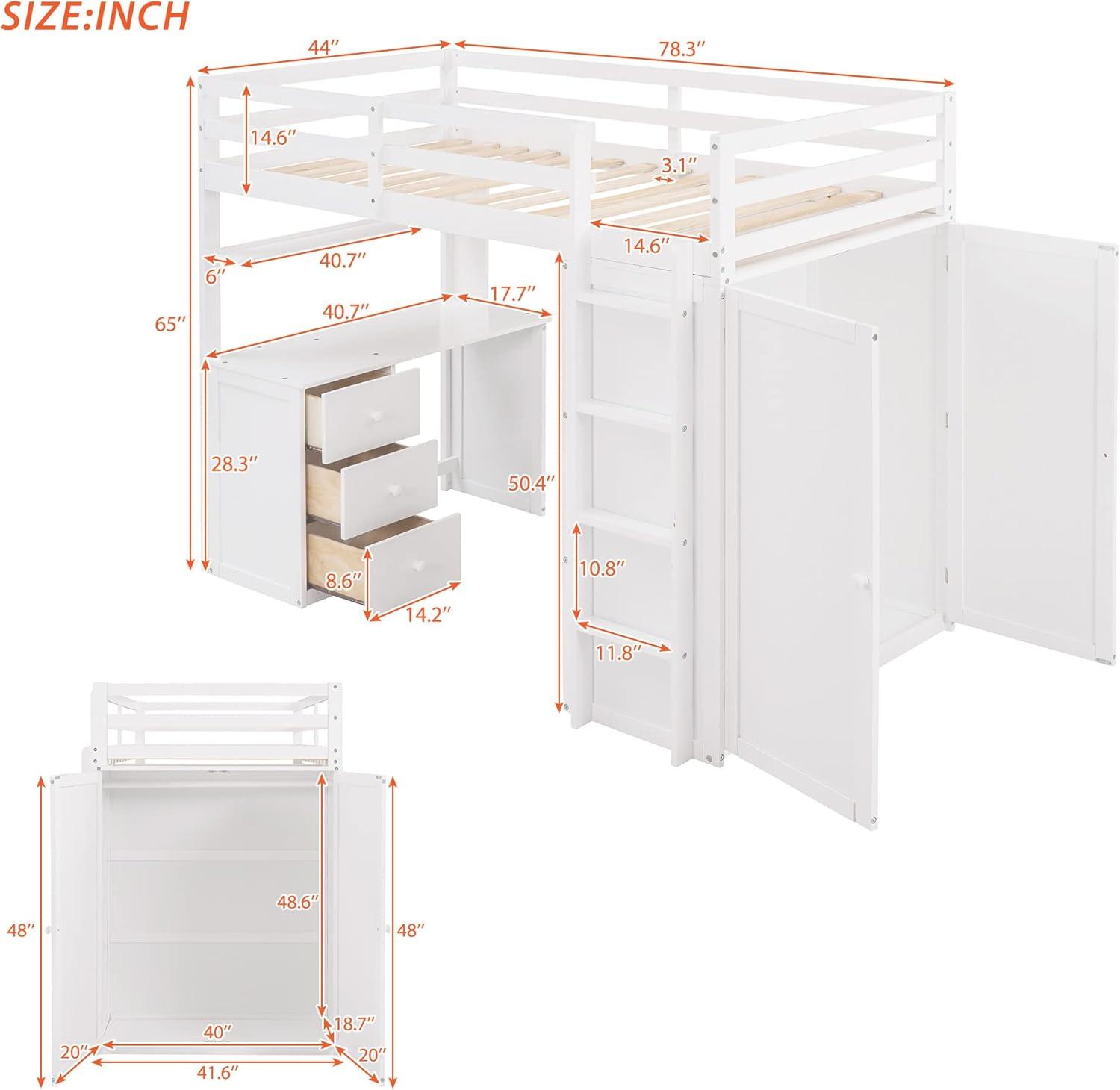 White Twin Loft Bed with Desk, Wardrobe, and Storage Drawers