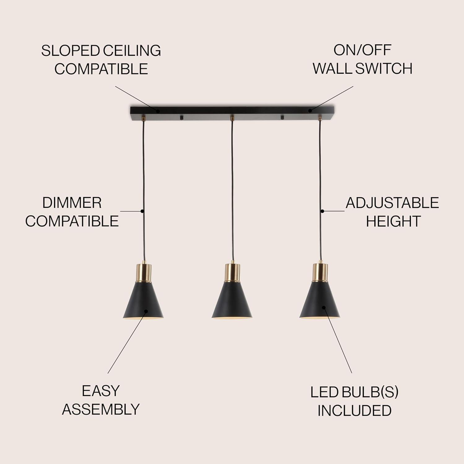 Apollo 33.5" 3-Light Mid-Century Modern Iron Adjustable Linear LED Pendant, Black/Brass Gold