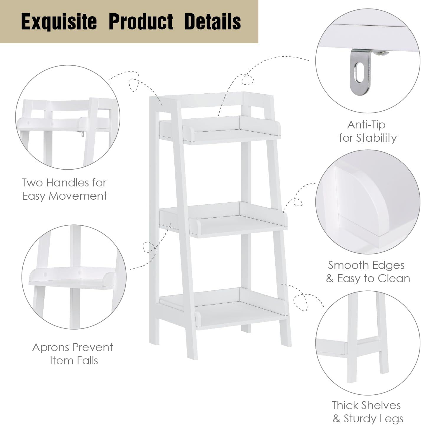 UTEX 3-Tier Ladder Shelf, Bathroom Shelf Freestanding, 3-Shelf Spacesaver Open Wood Shelving Unit, Ladder Shelf, White Finish