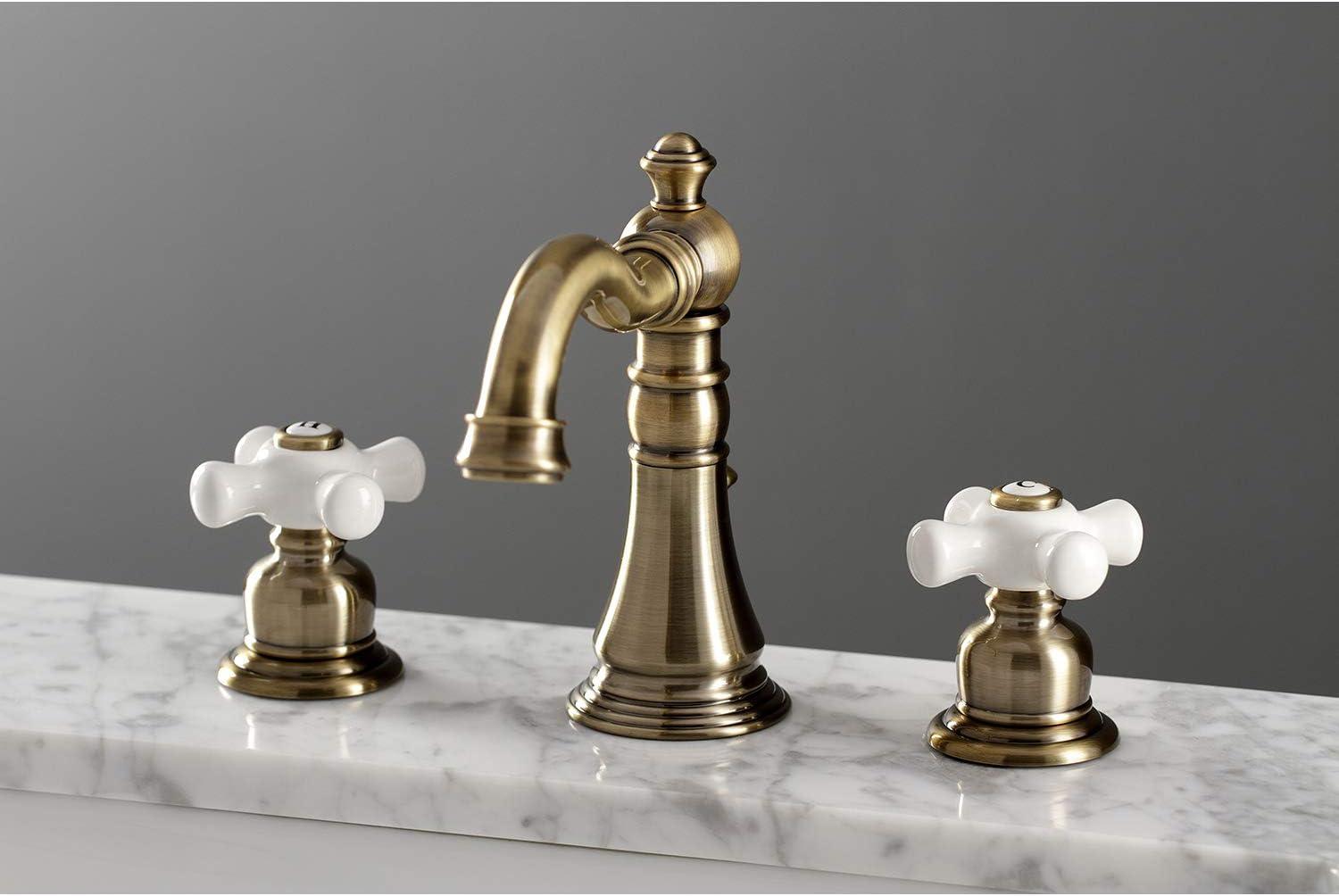 Kingston Brass American Classic Two-Handle 3-Hole Deck Mount Widespread Bathroom Faucet with Pop-Up Drain