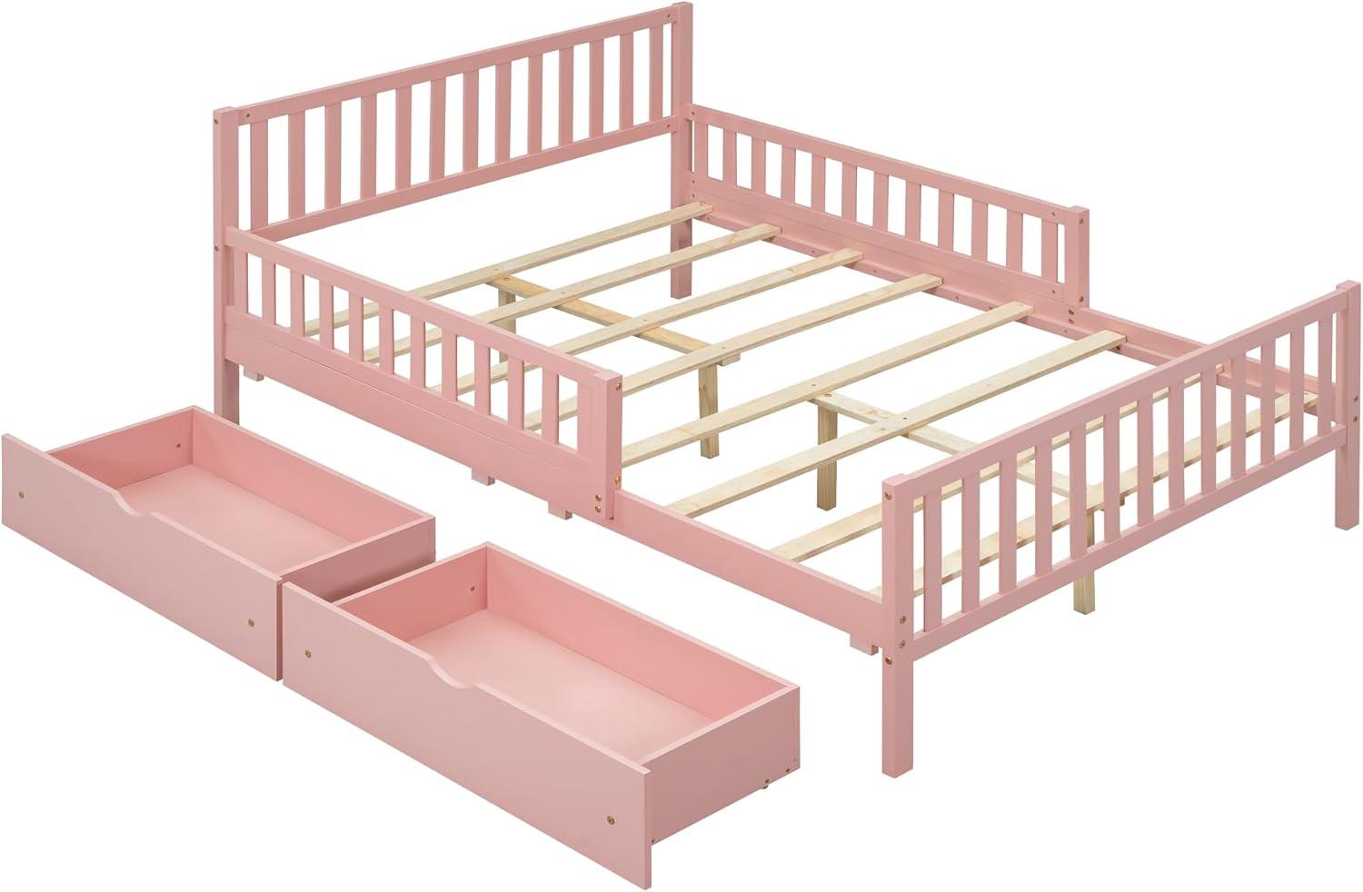 Harper & Bright Designs Full Storage Bed Frame for Kids, Wood Full Size Bed with 2 Drawers, Full Platform Bed with Guardrails on Both Sides for Kids, Girls, Boys, Pink