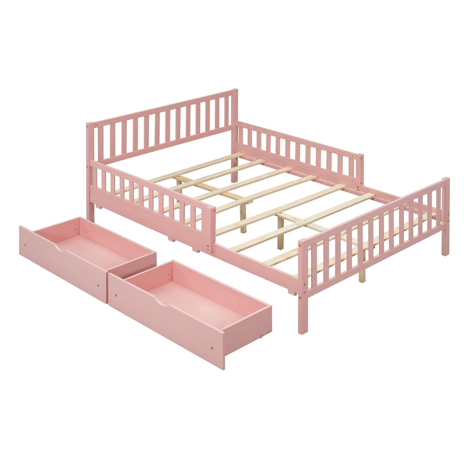 Harper & Bright Designs Full Storage Bed Frame for Kids, Wood Full Size Bed with 2 Drawers, Full Platform Bed with Guardrails on Both Sides for Kids, Girls, Boys, Pink