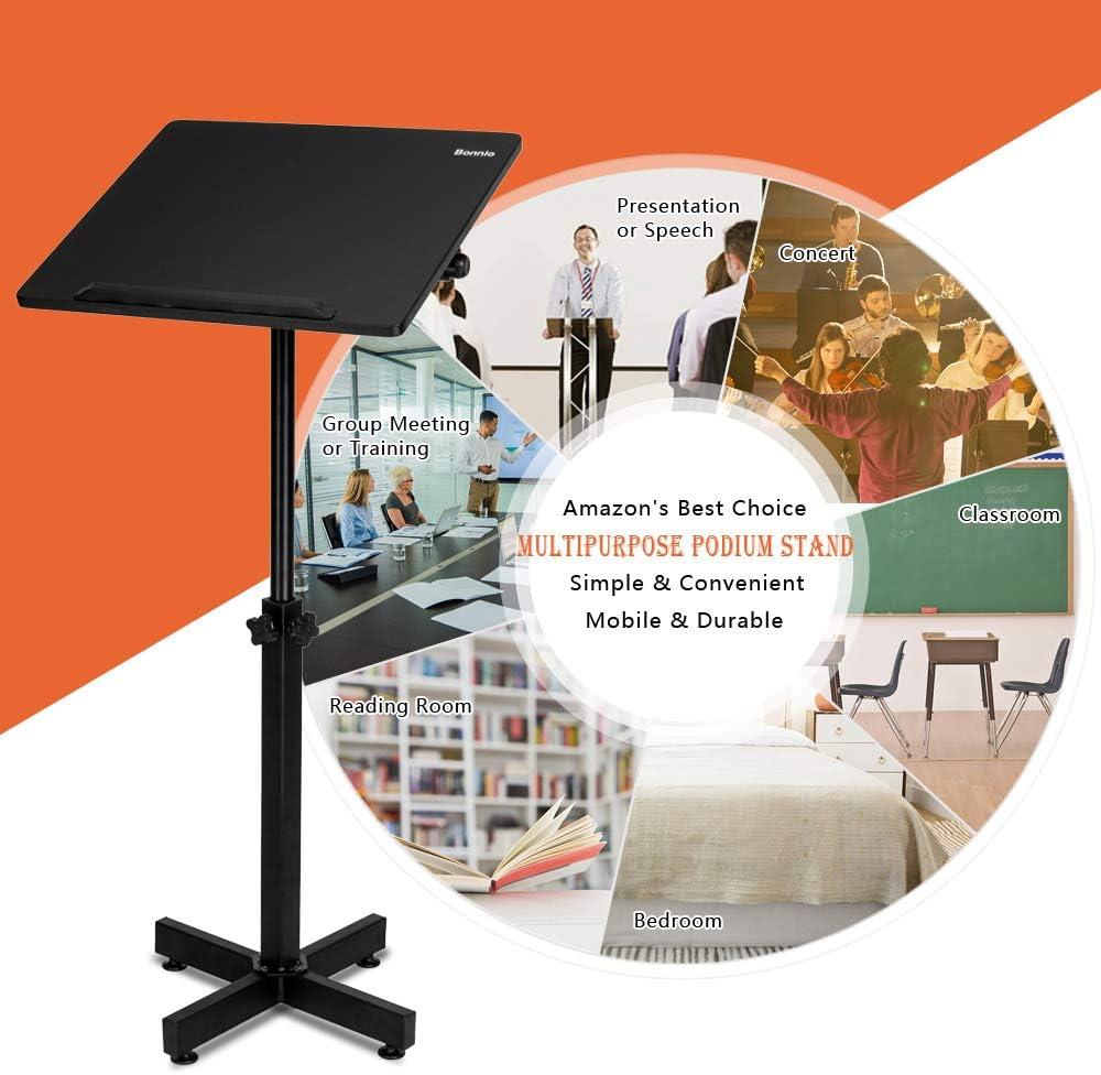 Bonnlo Classic Lectern Podium Stand, Height Adjustable Mobile Podium, Multi-Purpose Tabletop for Speech, Lecture, Church, Reading or Laptop Desk with Edge Stopper, Black