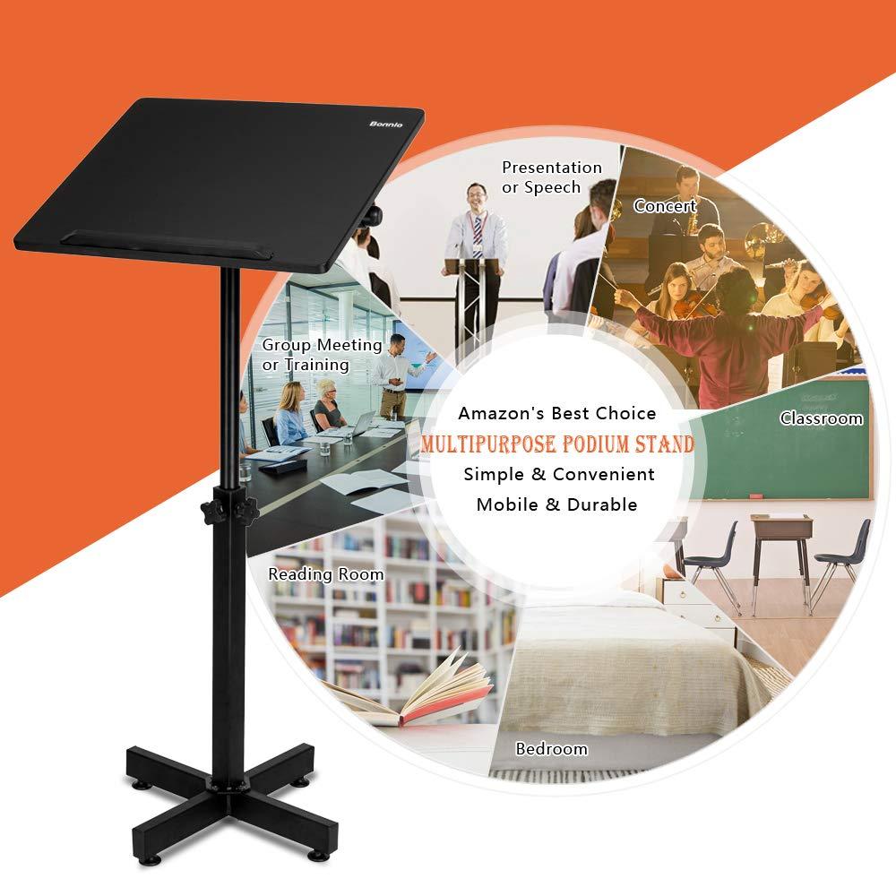 Bonnlo Classic Lectern Podium Stand, Height Adjustable Mobile Podium, Multi-Purpose Tabletop for Speech, Lecture, Church, Reading or Laptop Desk with Edge Stopper, Black