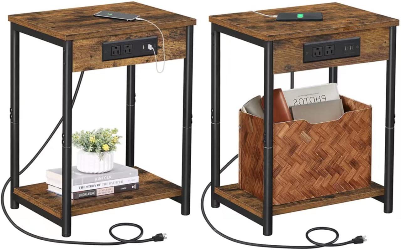 Rustic Brown End Tables with Charging Station and Storage Shelf