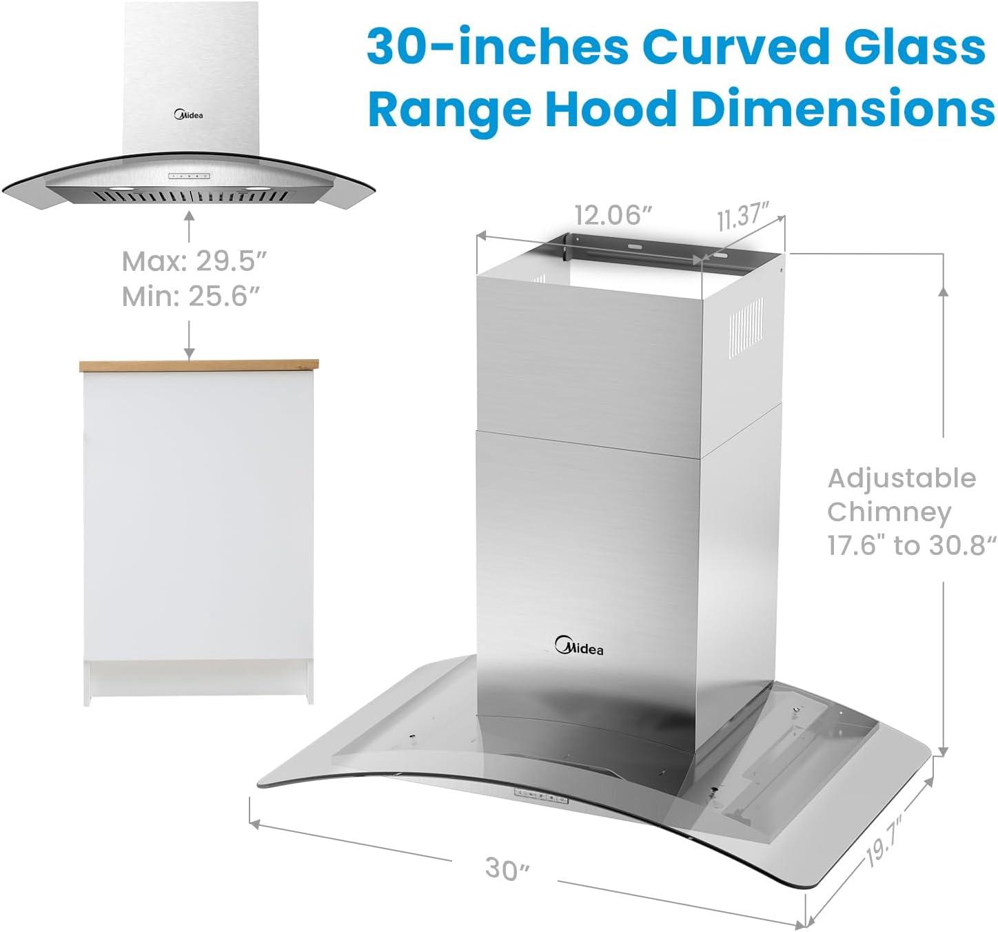 Midea 30"Range Hood, 450 CFM, 3 Speed Fan,Curved Glass, 2 LED Lights, Convertible to Ductless