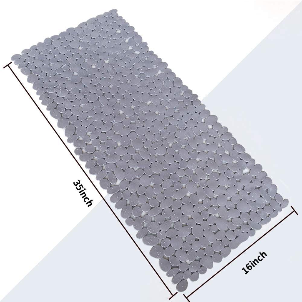 Gray PVC Pebble Bath Mat with Suction Cups and Drain Holes, 35x16 Inches