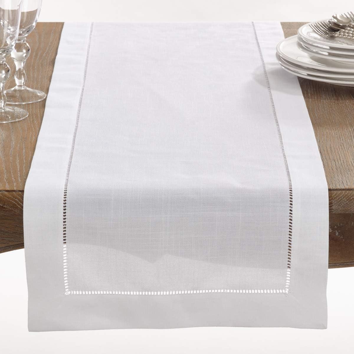 16"x120" Hemstitch Design Table Runner White - Saro Lifestyle