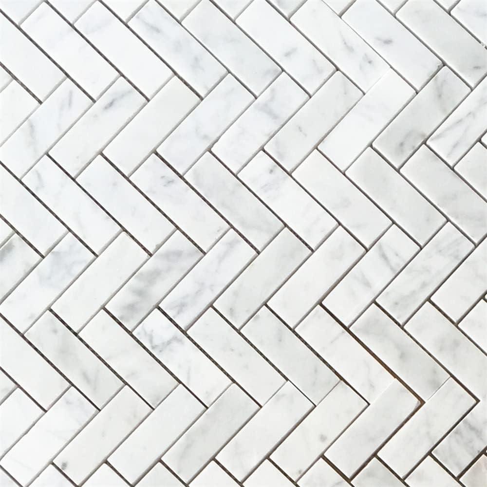 Carrara White Marble Herringbone Mosaic Tile Sheet