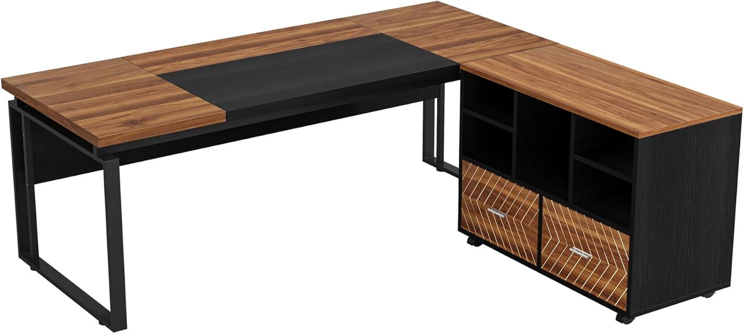 Tribesigns 63 inch L-Shaped Executive Desk with Reversible File Cabinet, Office Desk with Storage Drawers, Walnut & Black