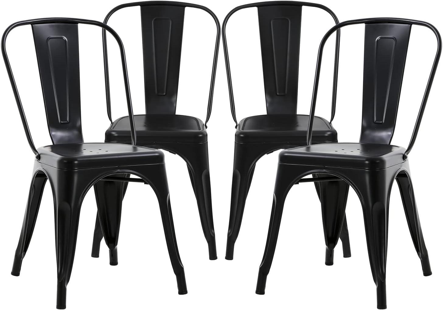 Metal Chairs Set of 4, Stackable Metal Patio Chairs 18 Inch Seat Height, Indoor/Outdoor Tolix Side Chair with Back, 330LBS Weight Capacity, Chic Kitchen Dining Chairs, Black