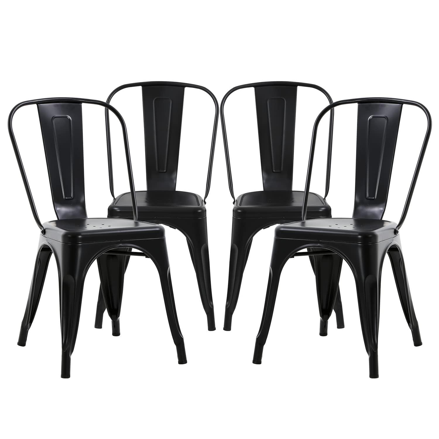 Metal Chairs Set of 4, Stackable Metal Patio Chairs 18 Inch Seat Height, Indoor/Outdoor Tolix Side Chair with Back, 330LBS Weight Capacity, Chic Kitchen Dining Chairs, Black