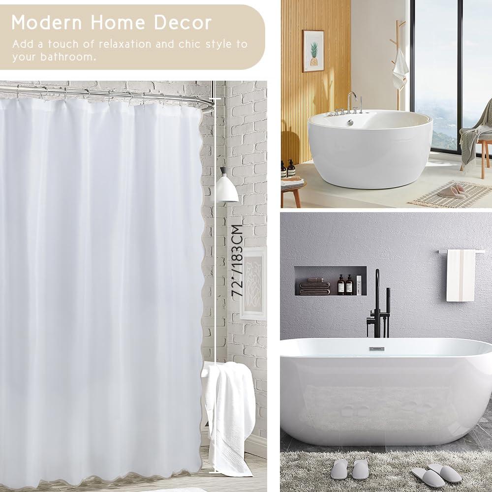 Boho Chic Aesthetic Scallop Edge Shower Curtain, Decorative Coastal Bathroom Curtain for Home Decor, 72 x 72 White and Navy Elegant Minimalist Textured Cloth Bath Curtain (LQ-36)