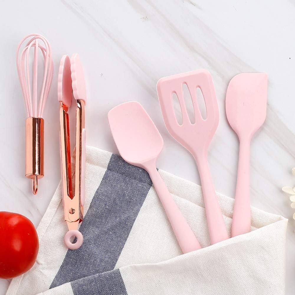 Hvanam Rose Gold And Pink Kitchen Utensil Small Five-Piece Set Mini Silicone Kids Kitchen Tools Whisk Spatula Tongs Spoon And Slotted Spatula(Pink 5 Piece)