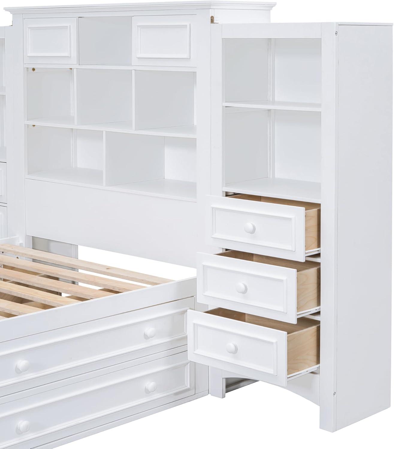 White Twin Wood Platform Bed with Bookcase Headboard and Storage Drawers