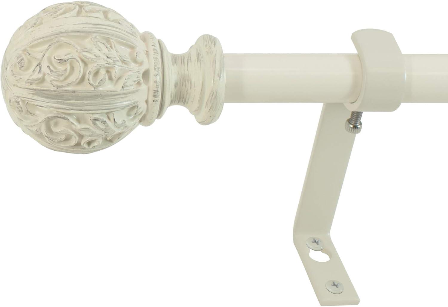 Montevilla 0.62" Distressed White Ball Adjustable Single Curtain Rod Set, 86"-120"