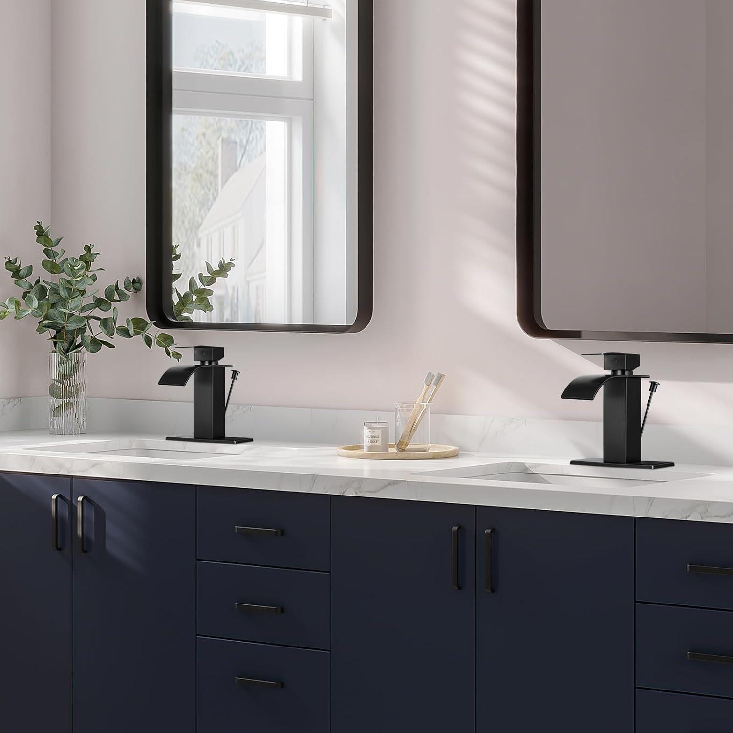 KZH Vessel Sink Faucet, Matte Black Tall Waterfall Spout Bathroom Faucet,Single Handle Bathroom Sink Faucet for 1 Hole Mixer Tap Washbasin Vanity Faucet with Pop-up Drain and Supply Hoses
