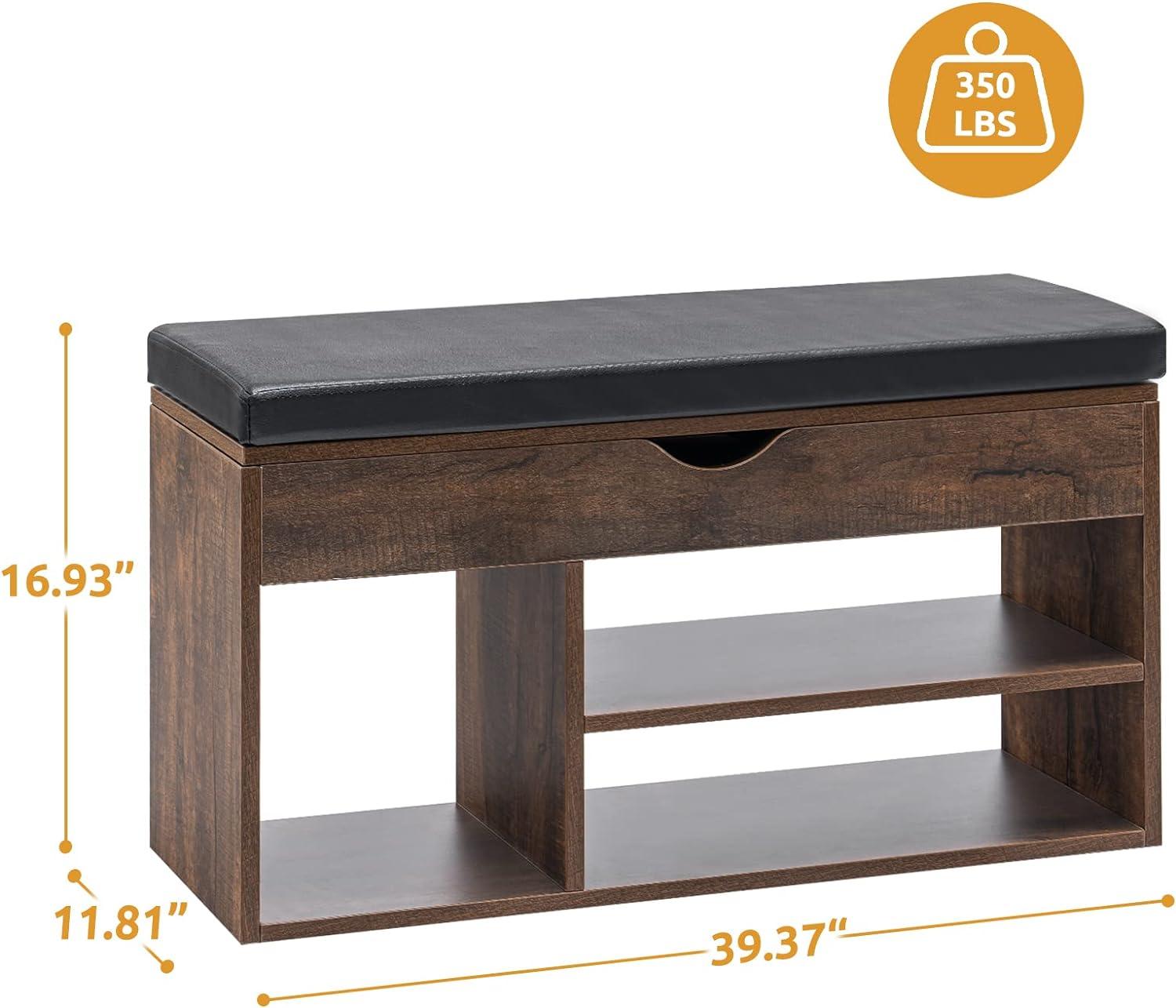 Apicizon 31 Inches Storage Bench, Shoe Bench with Flip Top Storage Space and Padded Cushion, Wooden Entryway Bench for Entryway, Living Room, 2-Tier Shoe Rack Organizer, Brown