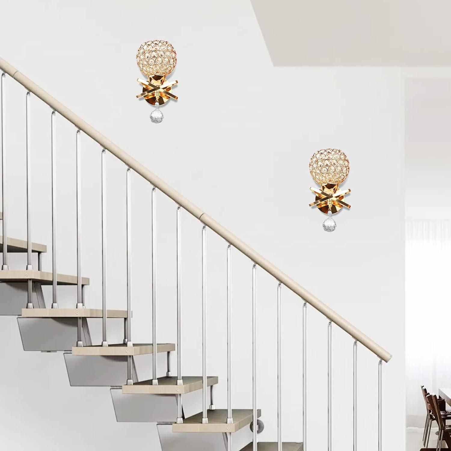 Gold Wall Sconces Set of Two, Modern Crystal Wall Light with E26 Socket Hardwired Sconces Wall Lighting Bedside Wall Lamp Crystal Decor Wall Mount Light Fixture for Living room, Bedroom, Hallway