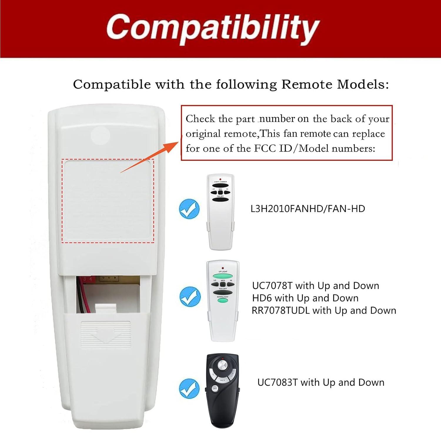 Hampton Bay UC7078T Replacement for Ceiling Fan Remote UC7078T with Up Down Light, L3H2010FANHD Fan-HD Fan-HD6 (Remote Only)