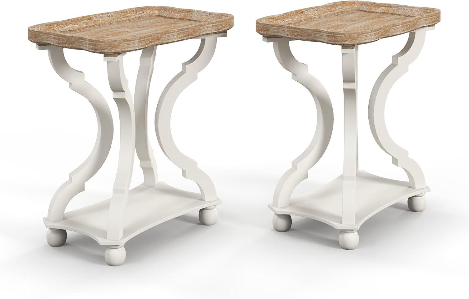 Kinbor Accent Wood Farmhouse End Table Side Tables Nightstand Natural Tray Top and Legs, White
