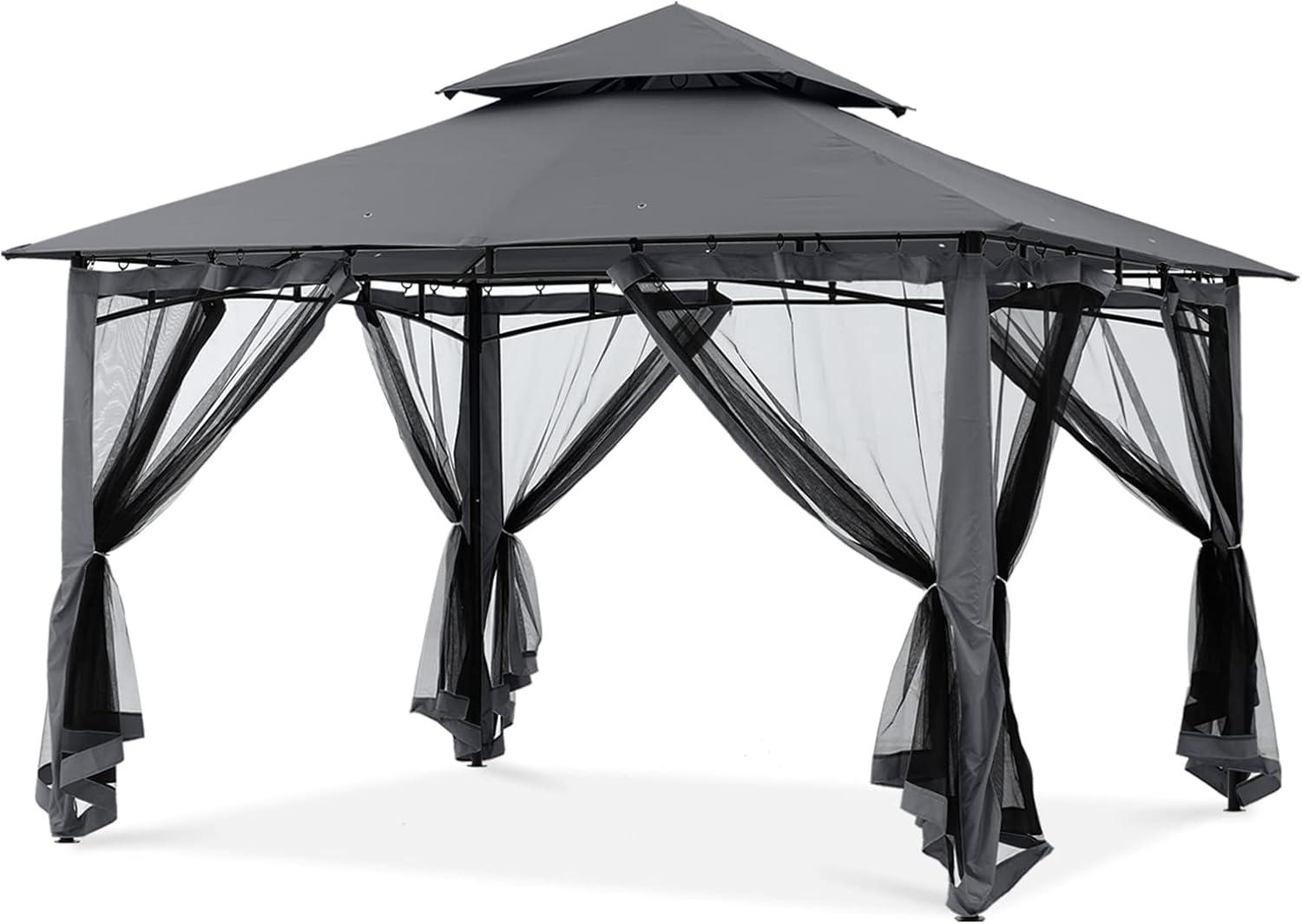 Dark Gray 10x10 Outdoor Garden Gazebo with Steel Frame and Netting