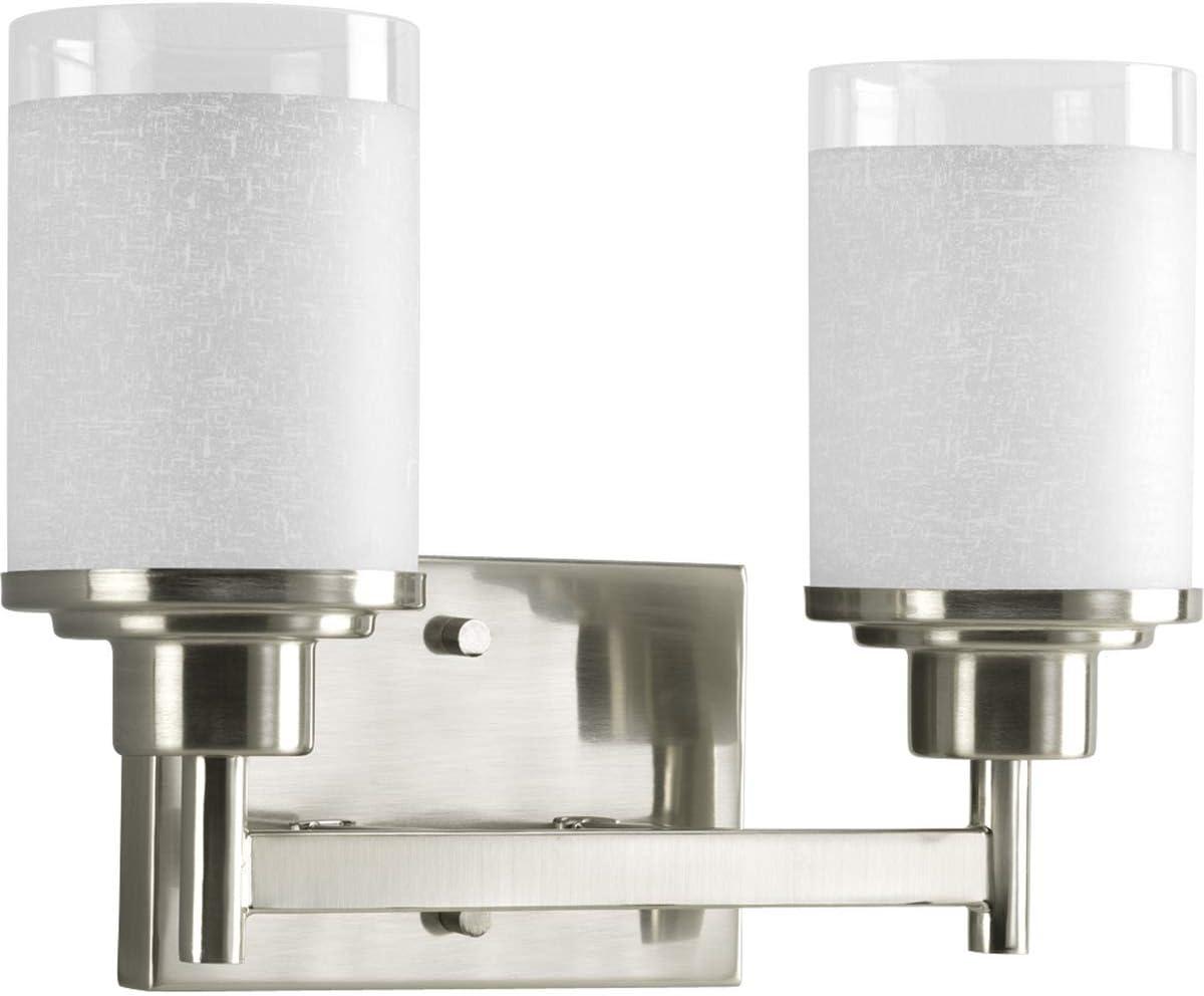 Progress Lighting Alexa Collection 2-Light Bath Fixture, Brushed Nickel, White Linen Glass Shade