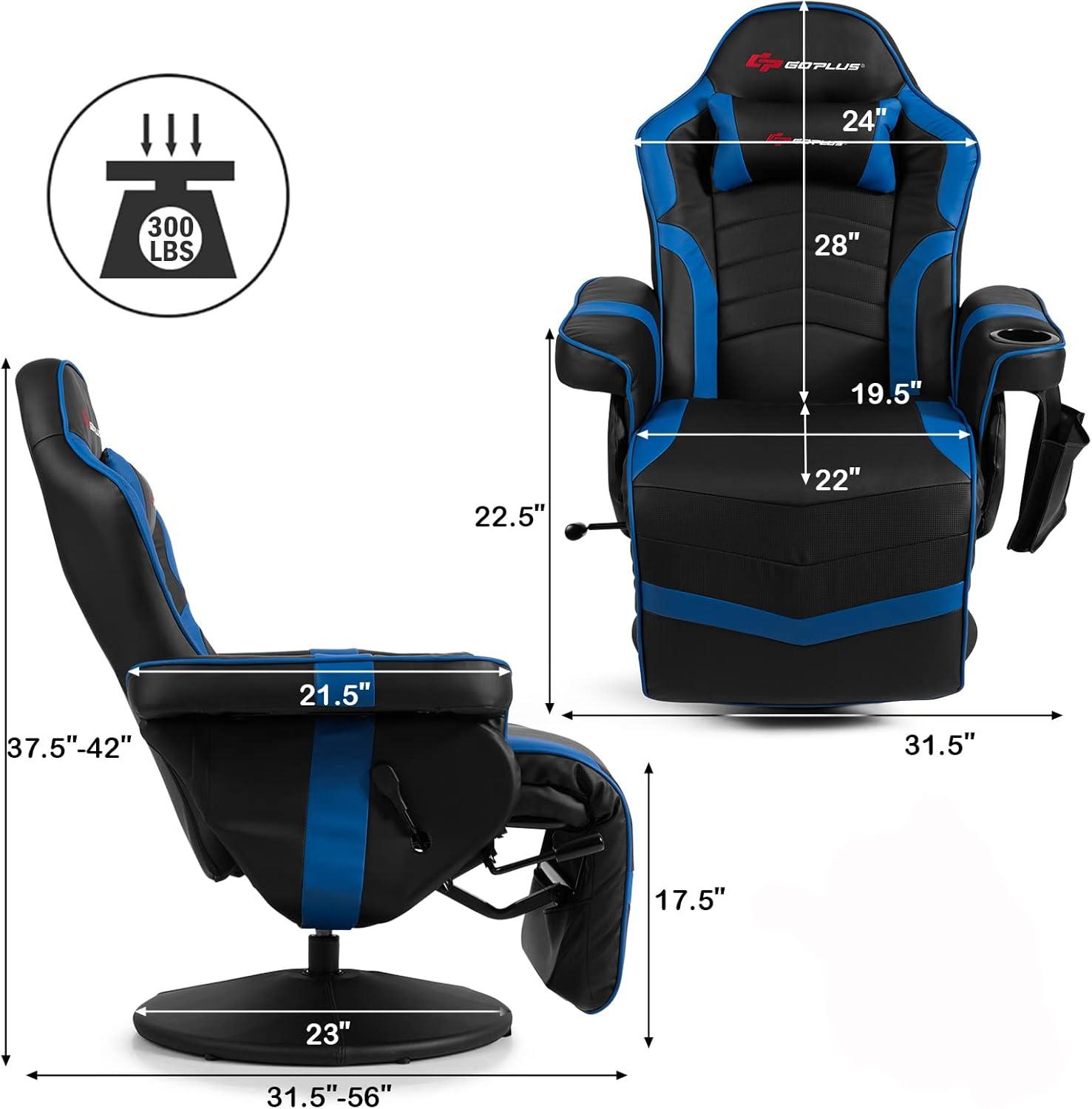Costway Massage Gaming Recliner Reclining Racing Chair Swivel Blue
