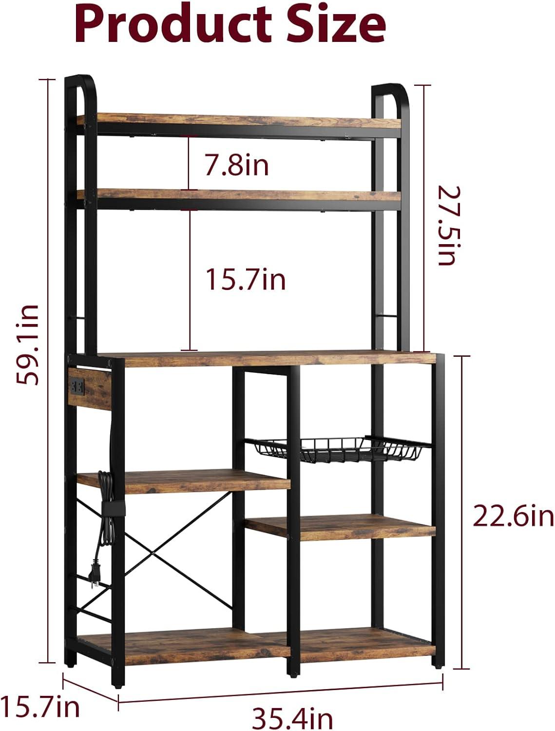 BakersRack with Power Outlet, Coffee Bar with Wire Drawer, Industrial Microwave Stand, Kitchen Buffet Table with Large Storage, 6-Tier Kitchen Storage Rack with Hutch, Rustic Brown