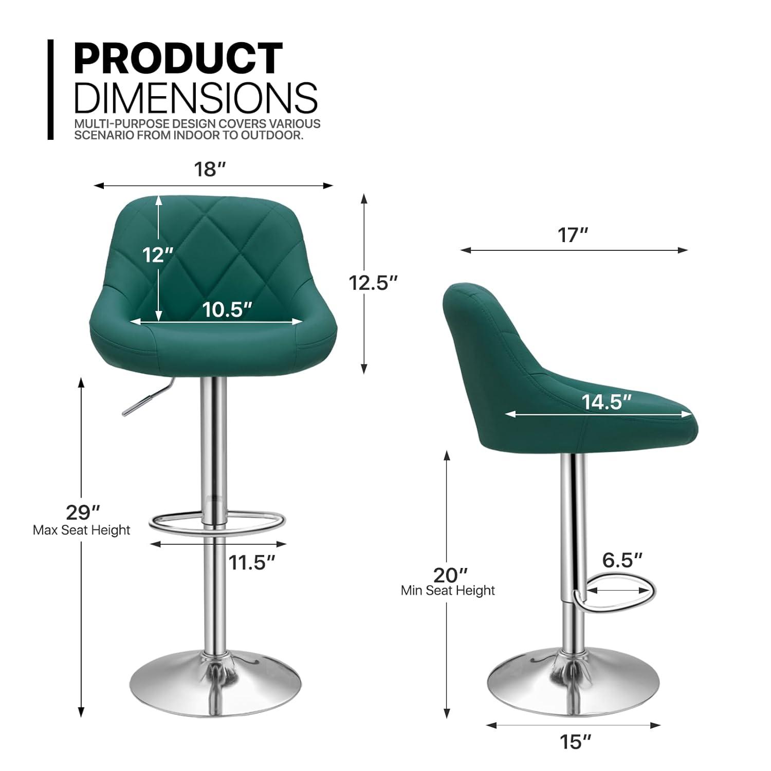 Bar Stools Set of 2, Adjustable Counter Height Swivel Barstools, Modern Dining Chairs Bar Pub High Stool with Back for Kitchen Island, Teal Green