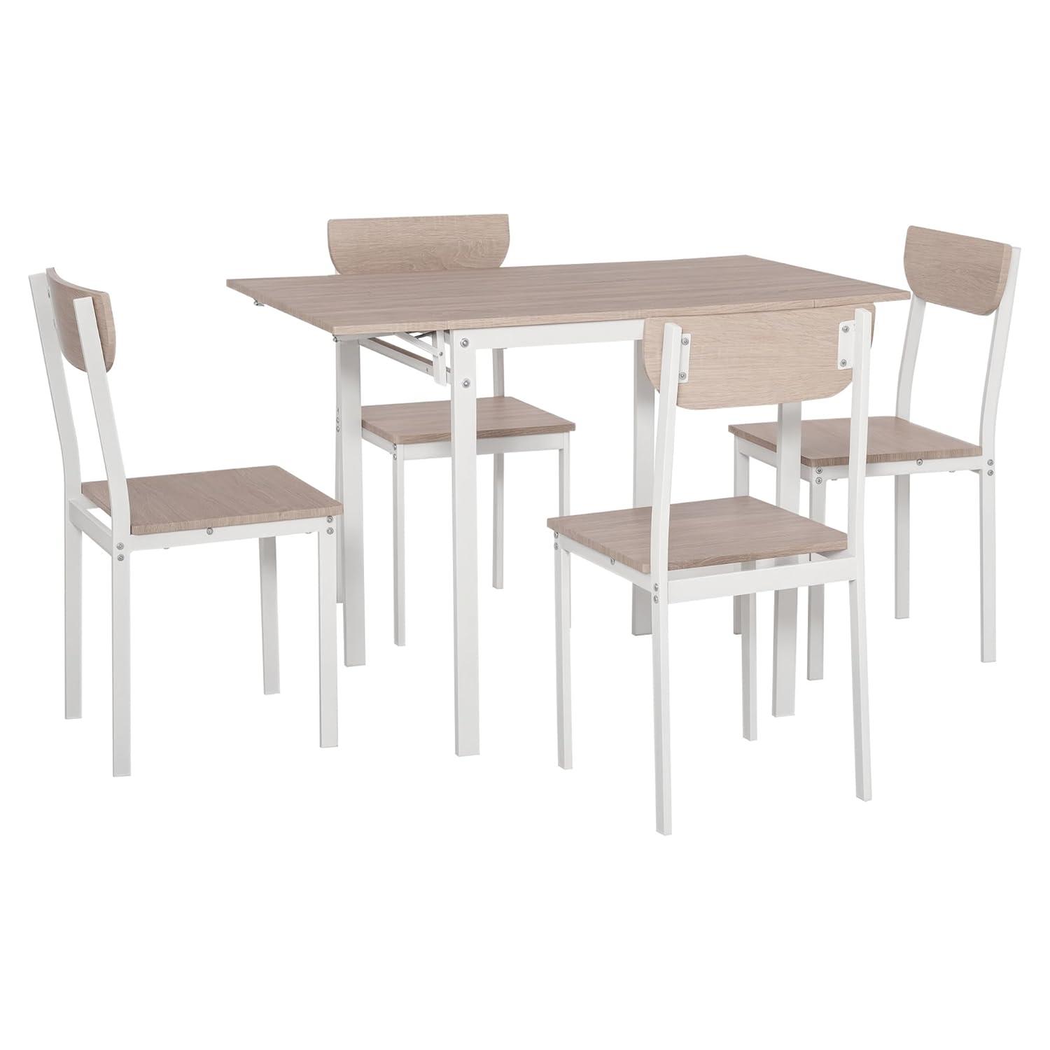 HomCom Modern 5-Piece Dining Table Set for 4 with Foldable Drop Leaf, 4 Chairs, and Metal Frame for Small Spaces, White